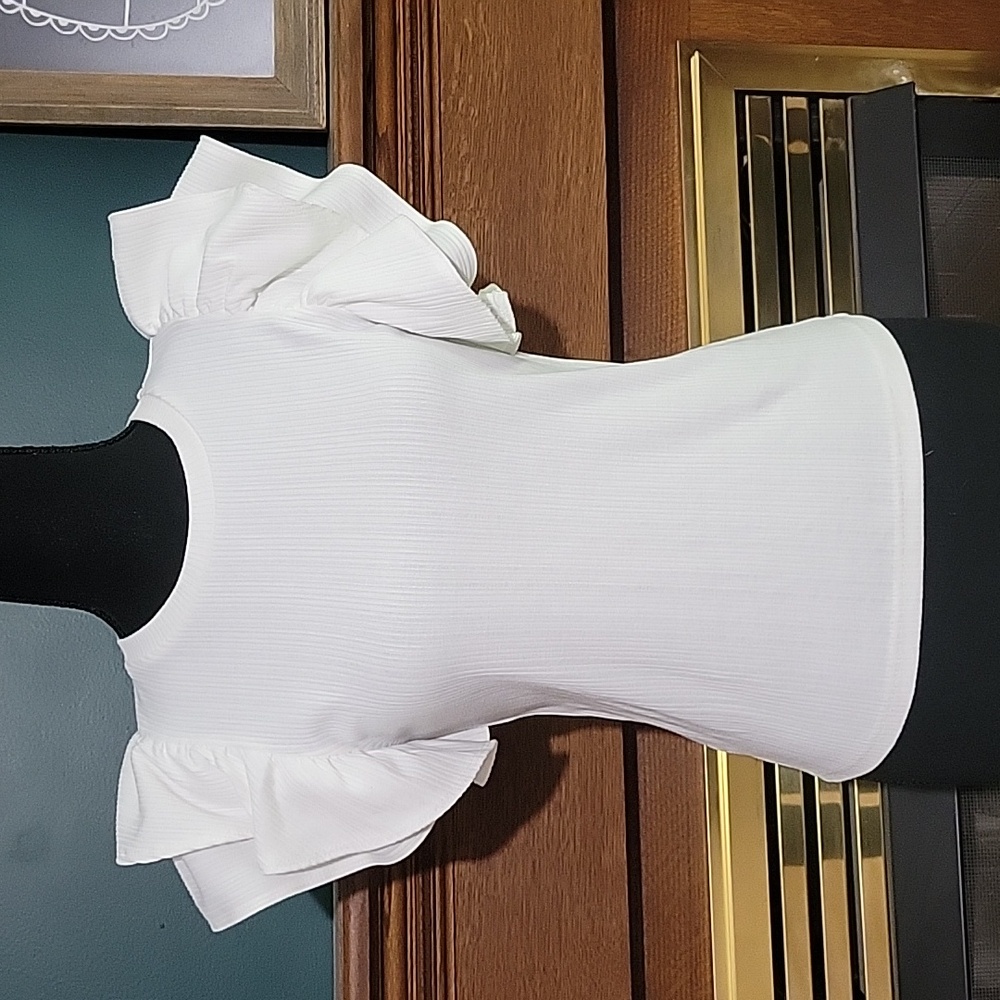 White Flutter Sleeve Ribbed  Fitted Short Sleeve Top Ruffle Statement Sl…